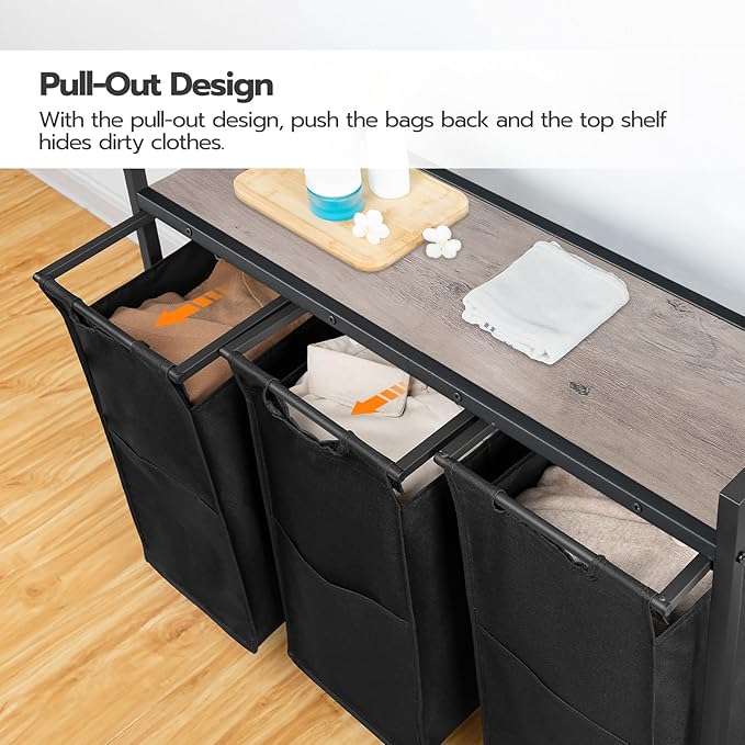 HOOBRO Laundry Sorter 3 Section, Laundry Hamper with Wheels, 3 × 11.5 Gal (43.4L), Rolling Laundry Basket, Pull-Out and Removable Oxford Fabric Bags, Greige and Black BG76XY01