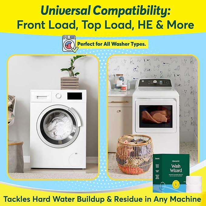 Cleanomic WashWizard Washing Machine Cleaner Tablets – Deep Cleaning Washer Cleaner for Front Load, Top Load & HE Machines – Removes Odor, Buildup & Limescale – Septic Safe, Non-Toxic, 6 Tablets