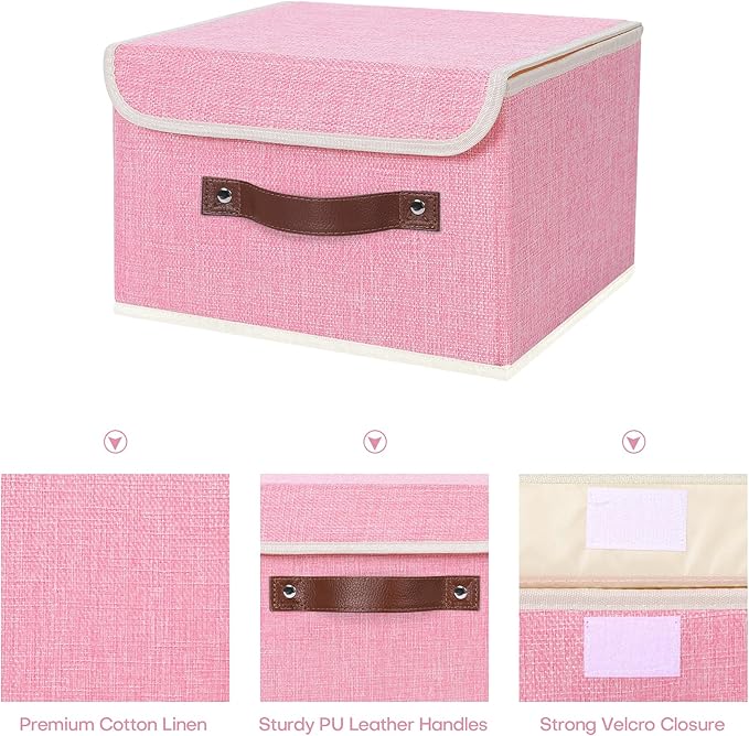 ANMINY 4PCS Storage Bins with Lid PU Leather Handles Storage Boxes PP Plastic Board Decorative Foldable Lidded Cotton Linen Fabric Home Cubes Baskets Closet Organizer Containers - Pink, Small Size