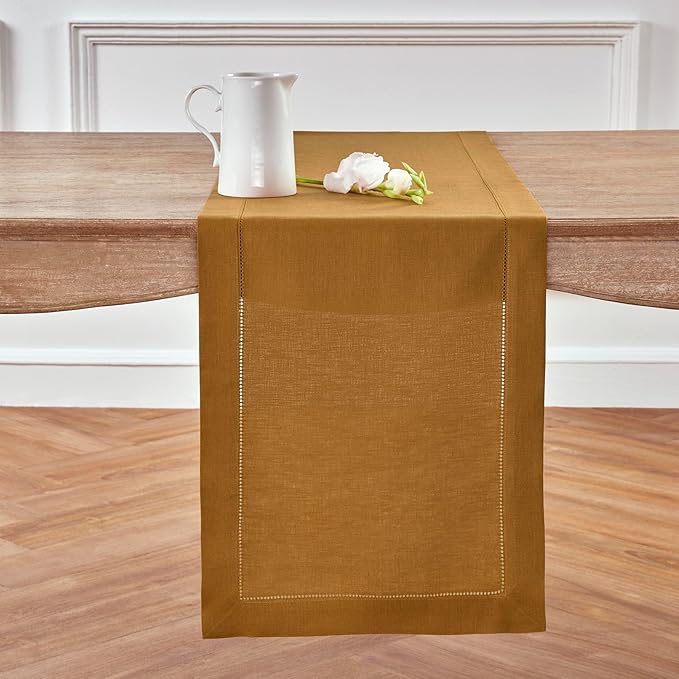 Solino Home Linen Table Runner 36 Inches - 100% Pure Linen Brown Sugar Hemstitch Table Runner 14 x 36 Inch Ideal for Dresser and Coffee Tables - Fall, Autumn, Thanksgiving - Classic Hemstitch