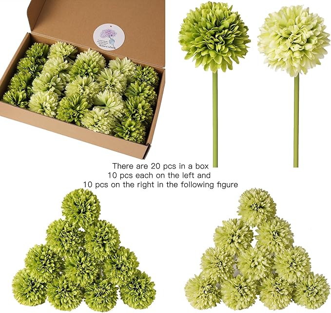 Kimura's Cabin 20Pcs Green Artificial Chrysanthemums Fake Silk Ball Flowers Mums Bouquets Arrangements Wedding Party Decor St Patricks Day Home Kitchen Garden Table DIY Floral Centerpieces (Green)