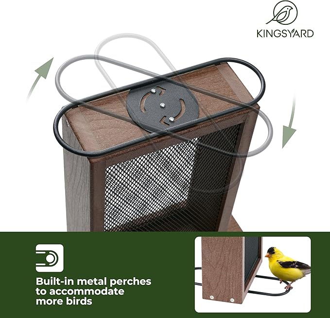 Kingsyard Metal Mesh Bird Feeder for Outdoors Hanging, Finch Feeder for Nyjer/Thistle, Sliding Mesh & Built-in Perch, Recycled Plastic, Brown