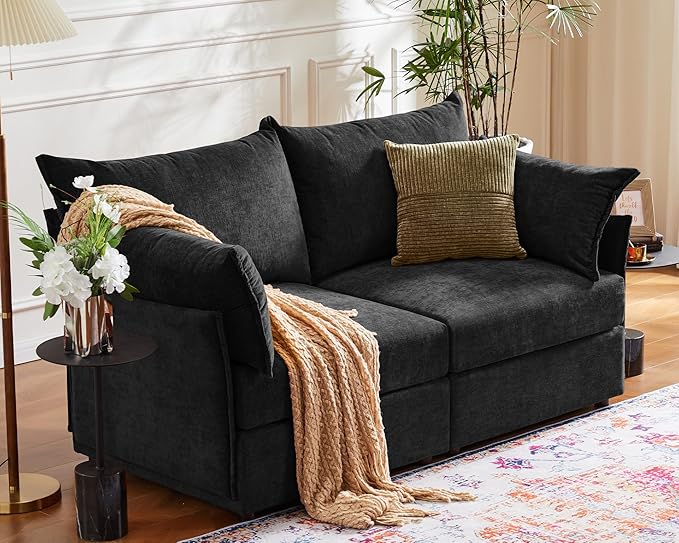 Oversized Loveseat Sofa, Modern Modular Sectional Couch Black Fluffy Chenille Mid Century 2-Seat 24.5" Deep Seat for Apartment, Living Room, Bedroom