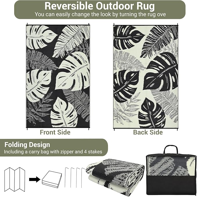 GAOMON Outdoor Rug Waterproof 9x18 Patio Rug Reversible Camping Mat, Foldable Portable Outdoor Plastic Straw Rugs RV Picnic Carpet with Bag & 4 Stakes, UV Resistant Outside Carpet for Deck Balcony