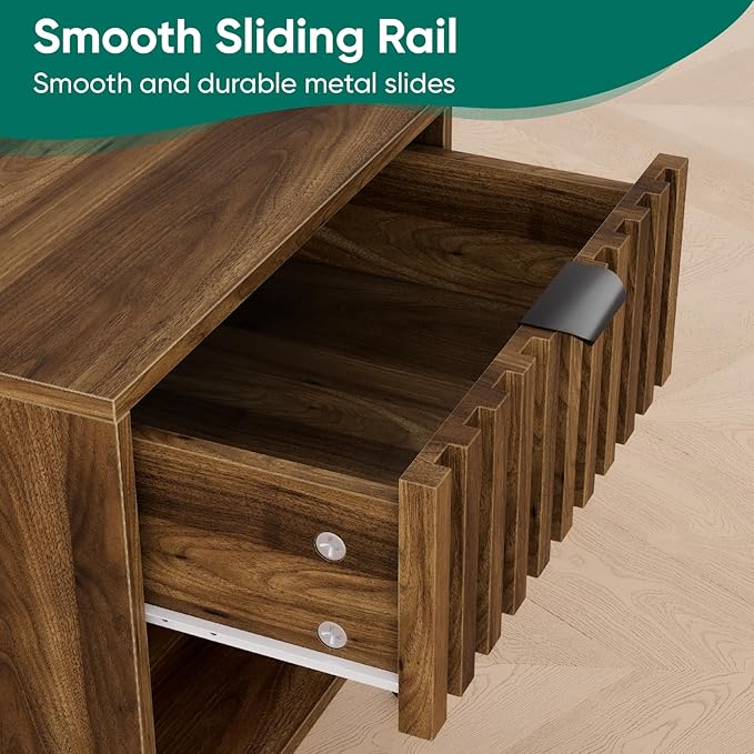 Smuxee Walnut Wooden Night Stand, Mid Century Nightstand with Fluted Drawer, Bedside Table with Open Shelf, Modern End Side Table for Bedroom