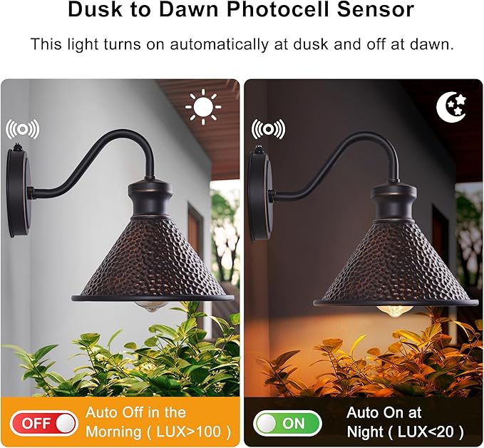 Dusk to Dawn Outdoor Gooseneck Wall Sconce with Dark Sky Cast Hammered Aluminum Shade in Oil Rubbed Bronze Finish,Anti-Rust Waterproof Outdoor Light for Farmhouse Porch Garage,1-Light E26
