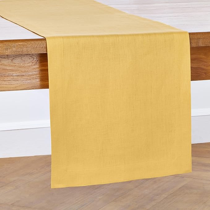 Solino Home Linen Mustard Yellow Table Runner 132 Inches Long - 100% Pure Linen Extra Long Table Runner 14 x 132 Inch - Fete