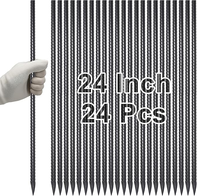 VVOKGO Rebar Stakes 24 Inch Ground Straight Concrete Form Stakes Heavy Duty (24pcs), 3/8" Diameter Metal Steel Spikes Anchors with Chisel Point End for Plant Support, Garden Border,Landscape Edging