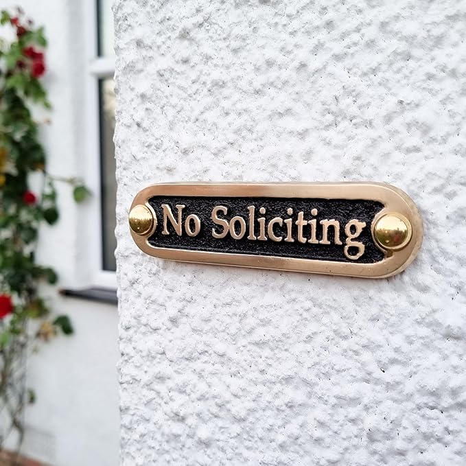 No Soliciting Brass Door Sign. Traditional Style Home Décor Wall Plaque Handmade By The Metal Foundry UK.