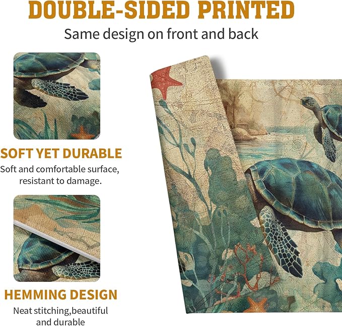 Sea Turtle Placemats Set of 4 Summer Beach Seasonal Linen Table Mats 12x18 Inch Vintage Ocean Animal Heat Resistant Washable Non-Slip Place Mats for Party Kitchen Dining Decoration