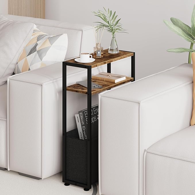 Narrow Side Table, Slim End Tables with Fabric Basket, Skinny Table for Small Spaces, Thin Bedside Table for Living Room, Bedroom