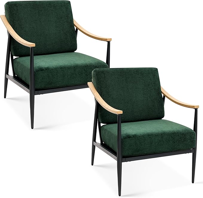 Modern Accent Chairs Set of 2 for Living Room Bedroom Mid Century Arm Chairs Upholstered Office Accent Chairs Comfy Waiting Room Chairs with Metal Frame, Green