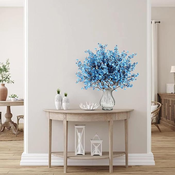 Sggvecsy 15 Pcs Babys Breath Artificial Flowers Gypsophila Bouquets Bulk Real Touch Fake Silk Flowers for Home Wedding DIY Floral Arrangement Kitchen Table Centerpiece Decoration (Blue with Purple)