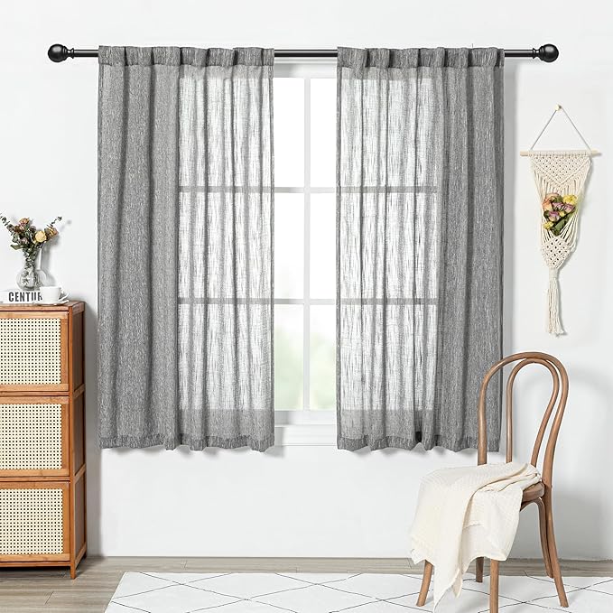 MYSKY HOME Sheer Curtains for Bedroom, Kitchen Curtain Panels Cotton Polyester Blend Fabric Linen Look Texture Light Filtering Privacy Drapes, Farmhouse Home Decor, 50" x 63", Dark Grey, 2 Pieces