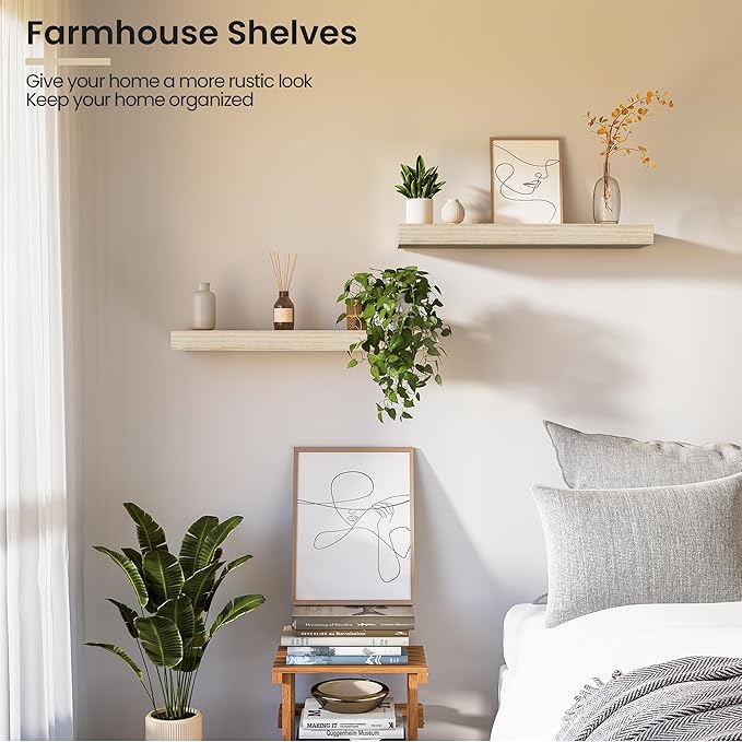 Natural Wood Floating Shelves 16”x 8”x 1.4” Book Shelf Floating for Wall Mounted, Heavy Duty Shelf Hold 35 lbs, Unfinished Wall Shelves for Bathroom, Living Room, Kitchen, Bedroom, Office