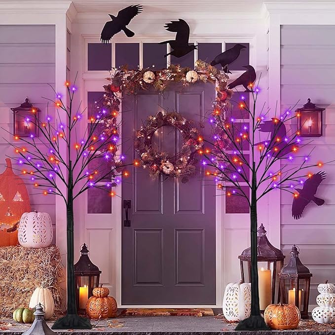 2Pack 5FT 200LED Black Halloween Tree Lights, Timer Function Lighted Black Trees with Purple and Orange Lights, Spooky Trees Light for Indoor Outdoor Halloween Decorations
