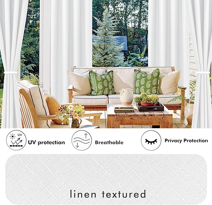 HolidayIdeas 4 Panels Outdoor Curtains for Patio Waterproof White Linen Curtains 95 Inch Length-Indoor/Outside Curtains Weatherproof, Privacy for Pergola, Porch, Gazebo-54 Wide x 95" Long
