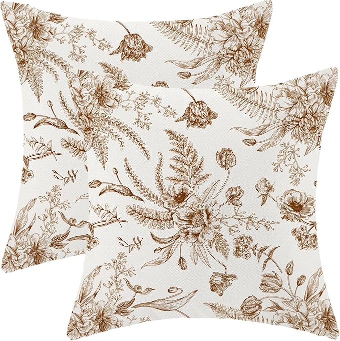 CXMEIFLY Spring Floral Leaves Pillow Covers 24 x 24 Inch Set of 2 for Chinoiserie Flowers Decor Throw Pillows Brown and White Seasonal Plant Outdoor Decorative Cushion Cases for Couch Bed Decorations