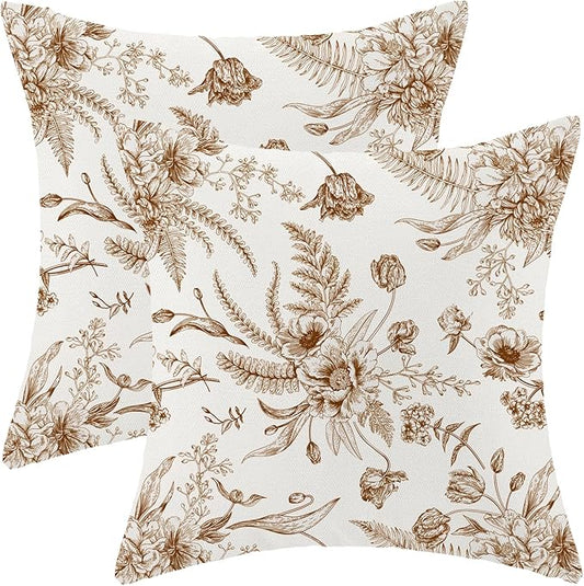 CXMEIFLY Spring Floral Leaves Pillow Covers 24 x 24 Inch Set of 2 for Chinoiserie Flowers Decor Throw Pillows Brown and White Seasonal Plant Outdoor Decorative Cushion Cases for Couch Bed Decorations