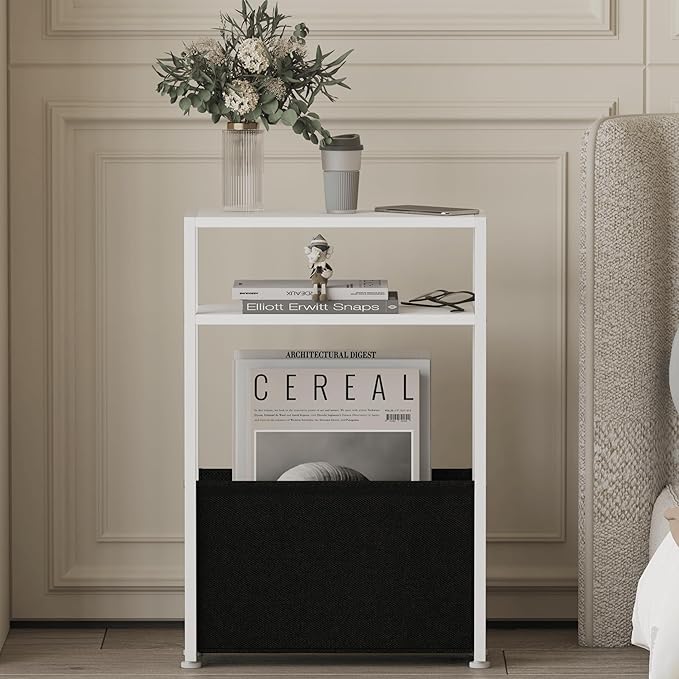 Narrow Side Table, Slim End Tables with Fabric Basket, Skinny Table for Small Spaces, Thin Bedside Table for Living Room, Bedroom, White, ZBZ01