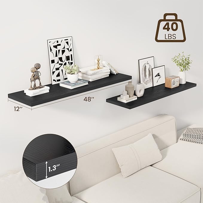 48" Floating Shelves for Wall, 12" Deep Slim Black Floating Shelves, Wall-Mounted Shelves for Bedroom, Living Room, Kitchen, Bathroom - Set of 2