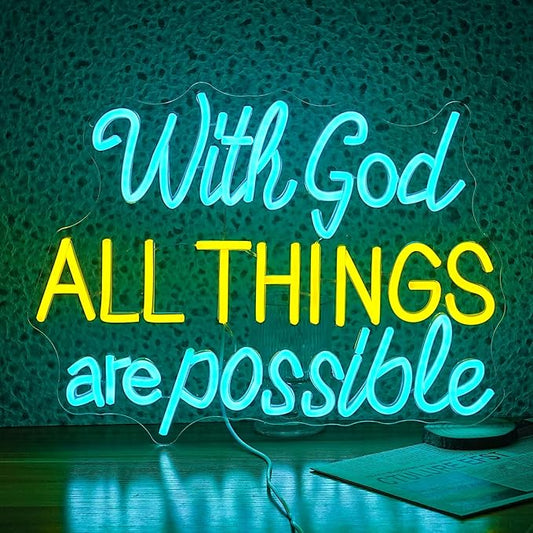 With God All Things Are Possible Neon Sign 16.5 * 12.6 Inch Led God Light Up Sign Dimmable USB Neon Light for Room Wedding Party Church Wall Decor (Ice Blue Yellow)