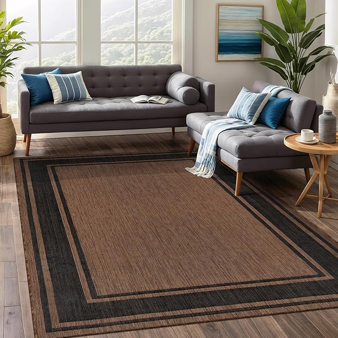 Beverly Rug Large Outdoor Rug 9x12 Modern Bordered Area Rugs for Indoor and Outdoor Patio Deck Porch Garden Waterproof Weather Sun Resistant Washable Outside Carpet (9 x 12 Gold)