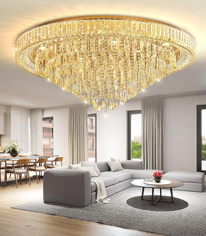 Modern Crystal Chandeliers LED Dimmable Flush Mount Ceiling Chandeliers for Living Room High Ceiling Entrance Foyer Lobby Bedroom Gold