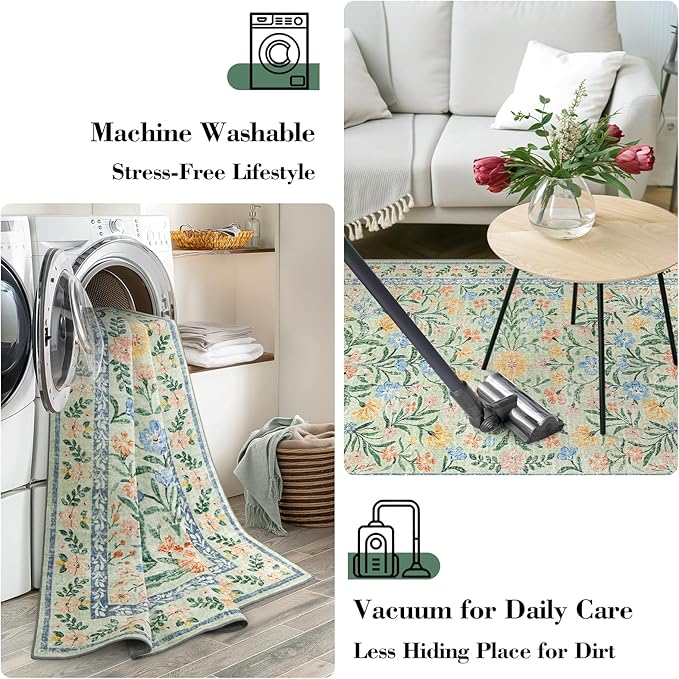 Wonnitar Washable Runners for Hallways, 2'6''x8' Floral Green Runner Rug for Kitchen Bathroom, Boho 8ft Non Silp Extra Long Rugs for Entryway Bedroom Laundry