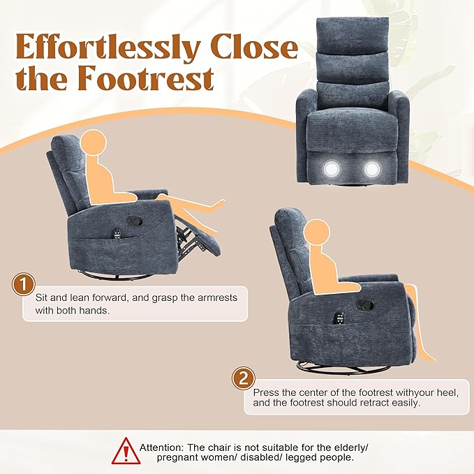 Manual Swivel Rocker Recliner Chair for Adults, Overstuffed Reclining Glider Chair for Nursing with Vibration Massage & Heat, Living Room Rocking Recliner 3-Stage backrest, Chenille Fabric Blue