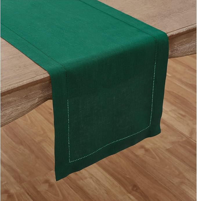 Solino Home Linen Rainforest Green Table Runner 156 Inches Long - 100% Pure Linen Extra Long Table Runner 14 x 156 Inch for Fall, Autumn, Thanksgiving - Classic Hemstitch
