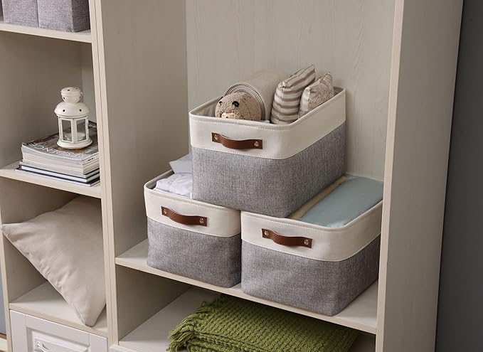 DECOMOMO Storage Bins Fabric Storage Baskets for Shelves, Linen Closet Organization Toys Nursery (Grey and White, Large - 3 Pack)