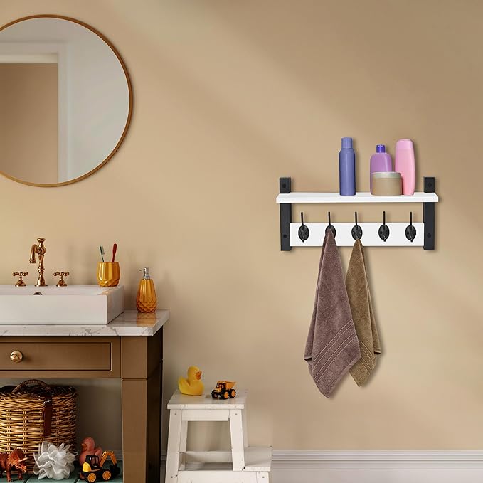 Sorbus Coat Hooks Wall Mount with Shelf – 16 Inch Coat Rack Wall Mount with 5 Heavy Duty Hooks – Floating Wall Shelf with Hooks for Entryway, Bathroom, Bedroom, Kitchen, or Mudroom (White)