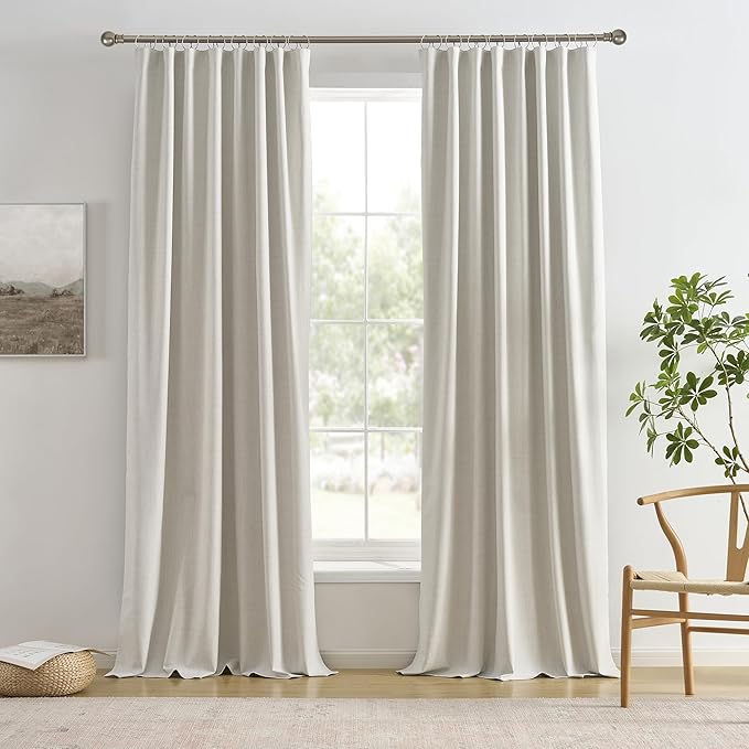 Full Blackout Curtains 96 Inch Length 2 Panels Set Neutral Boho Farmhouse Linen Window Drapes for Bedroom Living Room Thermal Insulated Natural Birch Ivory 8ft Long Pleated/Back Tab with Hooks