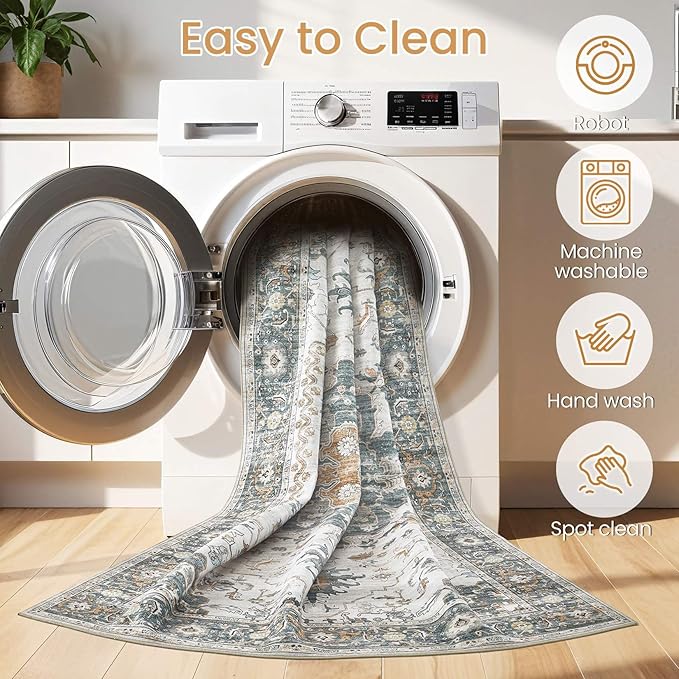 Washable Area Rugs for Living Room -9x12 Neutral Vintage Distressed Floral Farmhouse Boho Large Soft Floor Rug Indoor Non Slip Carpet for Living Room Bedroom Dining Room Office -Green/Grey