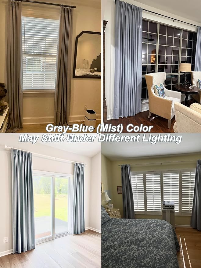 Vision Home Blue Gray Pinch Pleated Full Blackout Curtains Linen Blended Room Darkening Window Curtains 108 inch for Living Room Bedroom Thermal Insulated Pinch Pleat Drapes with Hooks 40" Wx108 Lx2