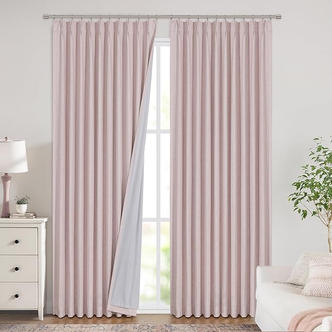 Vision Home Soft Pink Pinch Pleated Full Blackout Curtains Linen Blended Room Darkening Window Panels 108 inch for Living Room Bedroom Thermal Insulated Pinch Pleat Drapes with Hooks 60" Wx108 Lx1