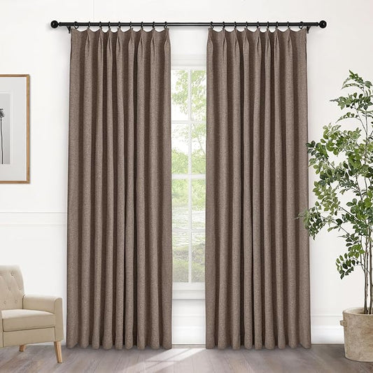 Macochico Pinch Pleated Full Blackout Curtains for Bedroom Living Room Light Brown Linen Curtains Thermal Insulated and Noise Reducing Window Panels with Tieback Shabby Chic Decor 84”Wx84”L 1 Panel