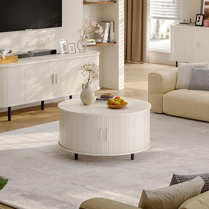 Round Coffee Table with Storage, 31.5" Modern Coffee Table with 360° Curved Sliding Door, Fluted Wood Coffee Table with Adjustable Footpads, Round Center Table for Living Room, Natural White
