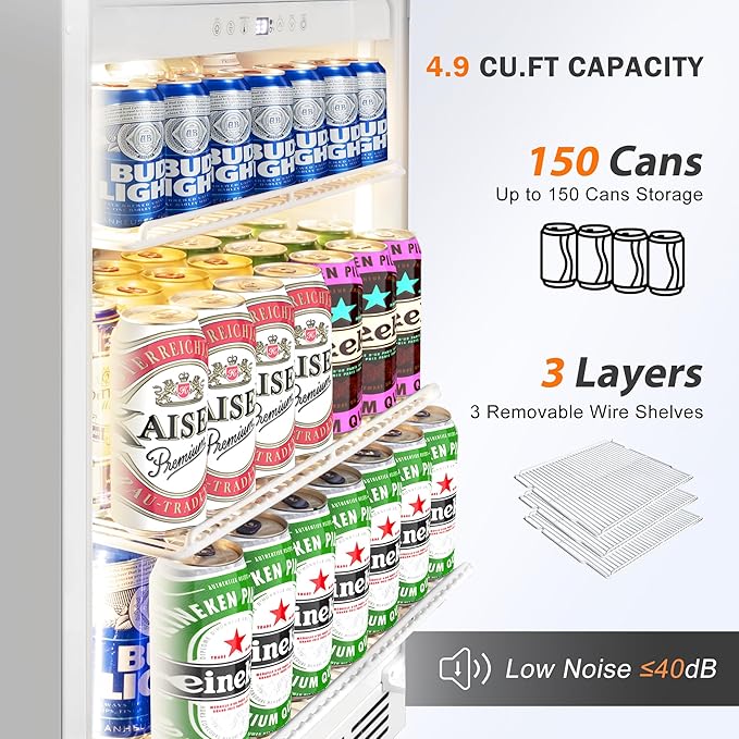 Beverage Refrigerator 24 Inch Drink Fridge, Beer Fridge, 150 Cans Beverage Cooler, Under Counter Refrigerator, Drink Cooler Undercounter Outdoor Refrigerators, Single Glass Door Bar Fridge