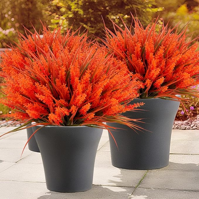 Geegoods 24 Bundles Artificial Fall Flowers Outdoor – Faux Lavender Flowers with Monkey Grass UV Resistant Plastic Faux Plants for Garden Porch Patio Home Decor, Autumn-red Color