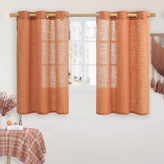 LAMIT Burnt Orange Linen Curtains 45 inches Long for Kitchen, Linen Textured Light Filtering Semi Sheer Bronze Grommet Natural Boho Drapes for Living Room, 2 Panels Set, 34 x 45 Inch