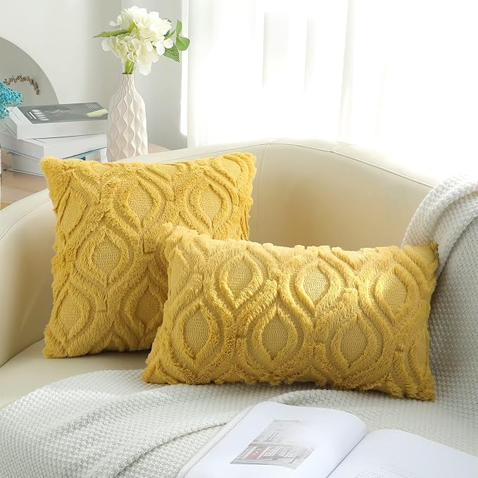 decorUhome Throw Pillow Covers 18x18 Inch Set of 2, Soft Plush Decorative Faux Fur Mustard Yellow Solid Couch Pillow Covers, Accent Farmhouse Neutral Square Euro Pillow Cases for Sofa Bed Living Room