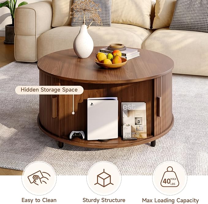 Round Coffee Table with Storage, 31.5" Modern Coffee Table with 360° Curved Sliding Door, Fluted Wood Accent Coffee Table with Adjustable Footpads, Round Center Table for Living Room, Walnut