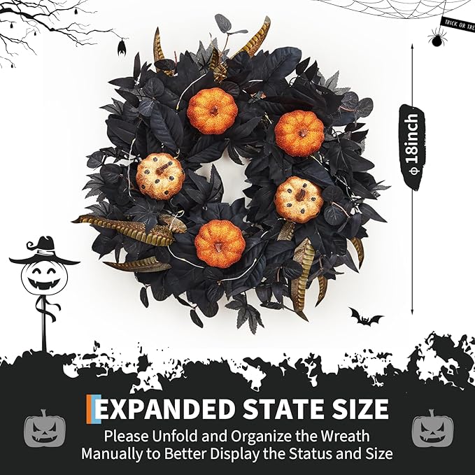 GarveeHome Halloween Wreath for Front Door, 18 Inch Fall Wreath with Pumpkins and Maple Leaves for Indoor Outdoor Wall Window Porch Patio Garden Farmhouse Home Party Prom Decoration
