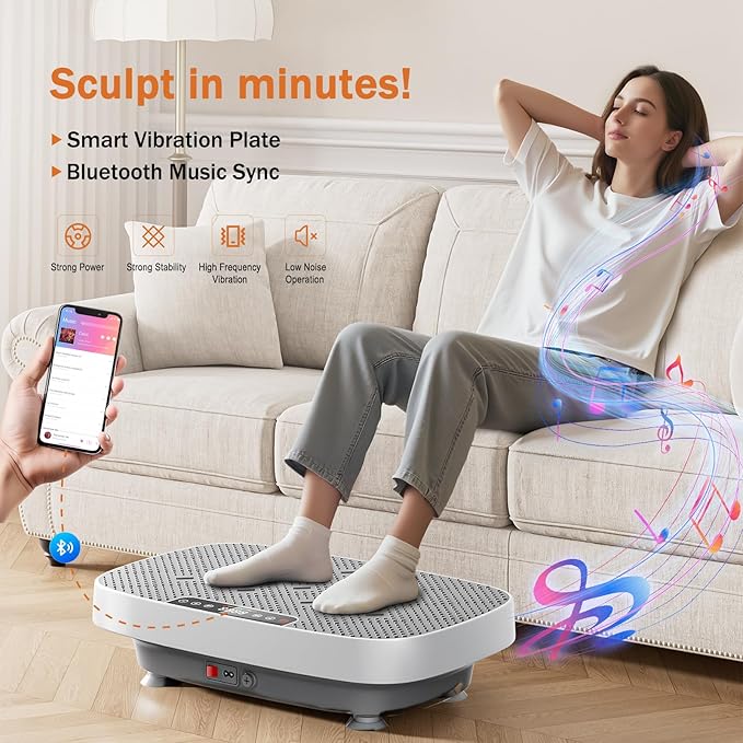 Vibration Plate Exercise Machine, Ultra-Quiet Vibration Plate for Lymphatic Drainage & Body Toning, Whole Body Vibration Platform with Bluetooth, Resistance Bands, Home Gyms Equipment