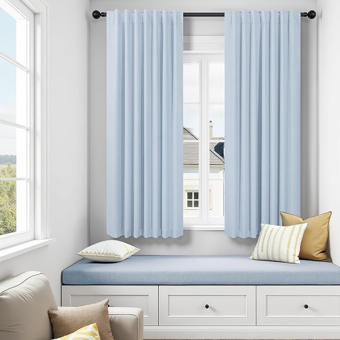 Light Blue Linen Curtains for Bedroom 63 Inch Length 2 Panel Cute Blackout Textured Darkening Light Heat Reducing Curtains for Kids Room Teen Girls Nursery Breakfast Nook Sky Blue Drape 63 Long Window
