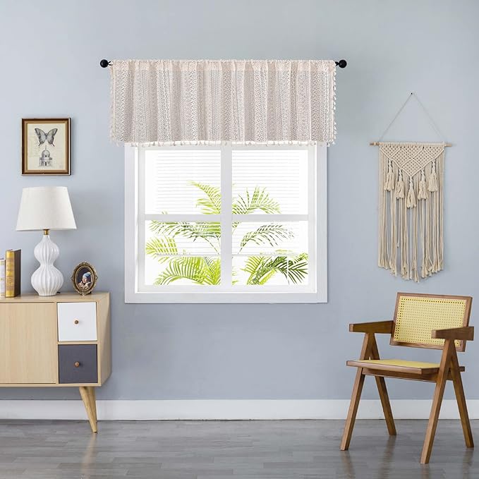 Sutuo Home Boho Sheer Curtain Valance Tier Crochet Lace with Bohemian Hollow Knitted Handmade Tassels, Short Farmhouse Window Treatment for Kitchen Cafe, Rod Pocket, 1 Panel 59" W x 24" L, Beige