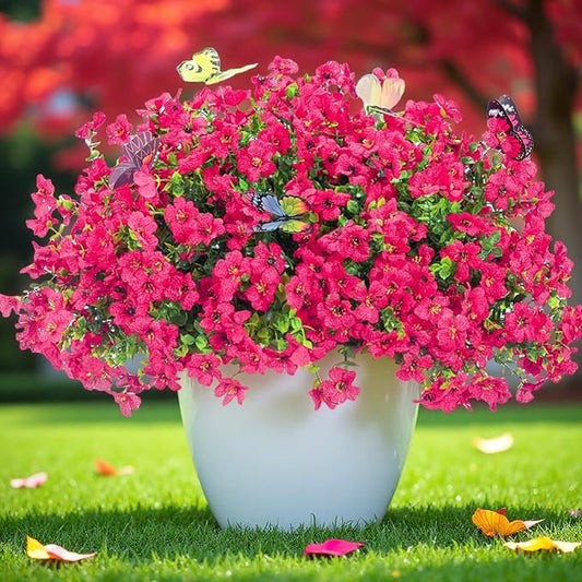 ‌20 Bundles Artificial Flowers for Outdoors‌ with 6 Faux Butterflies, UV Resistant ‌Fake Flowers‌ with Eucalyptus Leaves, ‌Artificial Plants Outdoor‌ for Patio Garden Porch Home Decor (Rose Red)