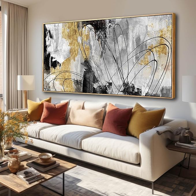 Large Canvas Wall Art Gold Abstract Paintings 29x58 Inch Wooden Framed Artwork Black Line Painting for Bedroom Bathroom Home Decor